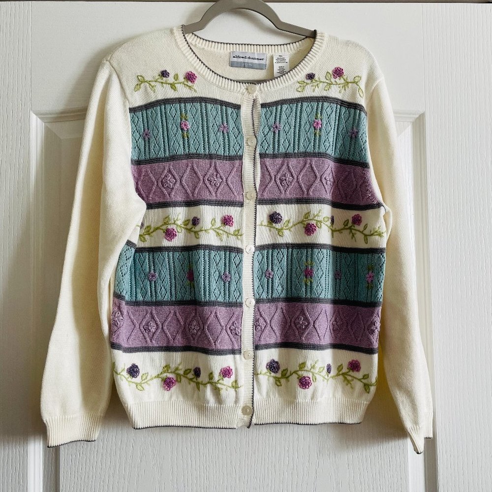 Vintage Alfred Dunner Eyelet Floral Embroidered White/Teal/Lilac Cardigan PXL